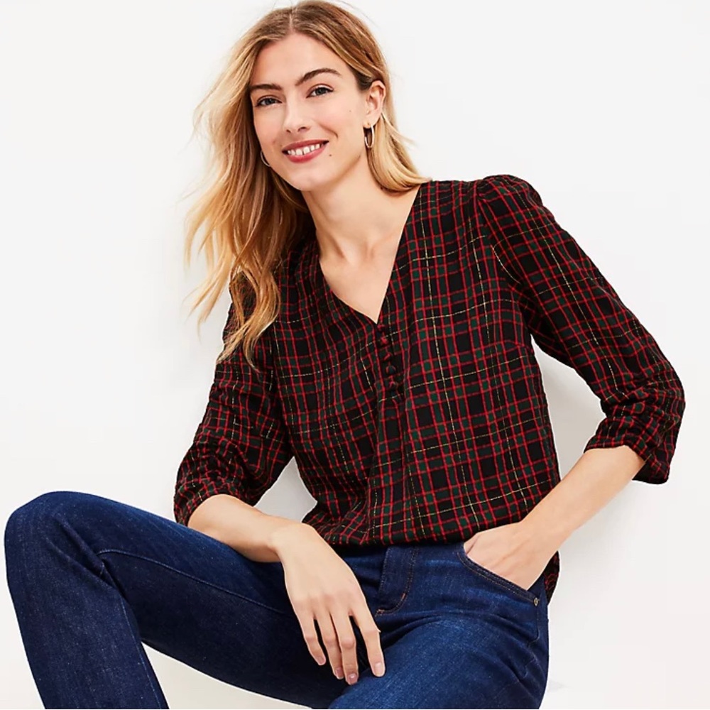 Loft Shimmer Plaid Shirred V-Neck Blouse